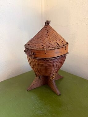 Vintage Thai Handmade Laos Ancient Kratip Kong Kao Sticky Rice Bamboo Basket 7.5